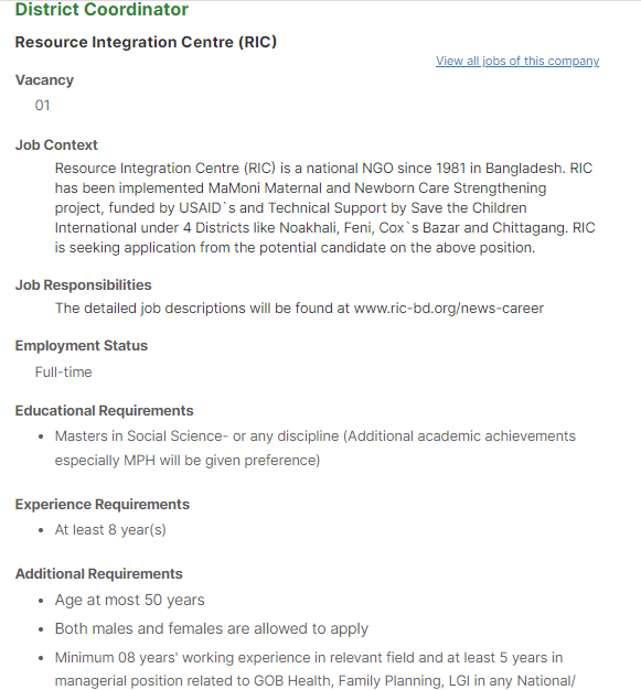 Resource Integration Center RIC NGO Job Circular 2021