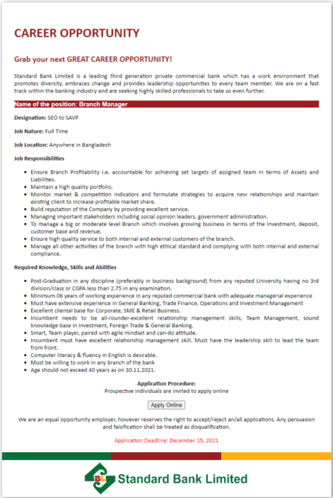 Standard Bank Limited Job Circular 2021