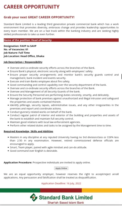 Standard Bank Limited Job Circular 2022